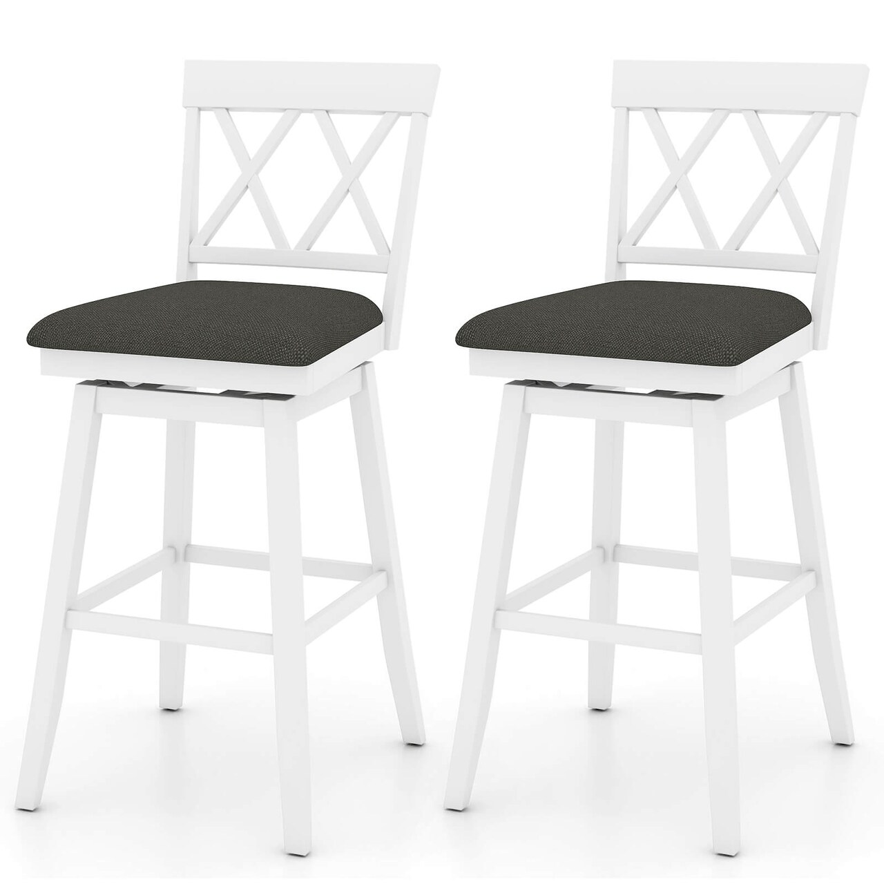 Costway 29" Bar Stool Wooden Chair Set of 1/2/3/4 with Contoured Backrest Swivel Padded Seat White